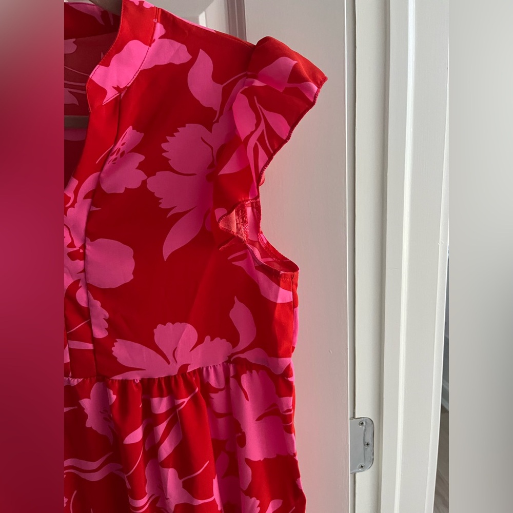 Versatile Flutter Sleeve Red & Pink Floral Resort - Sundress - Party Dress NWOT - Picture 5 of 7